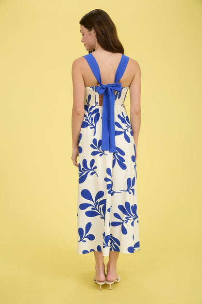 Leaf Print Back Tie Empire Waist Midi Dress
