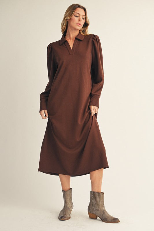 Collar L/S Midi Dress in Brown