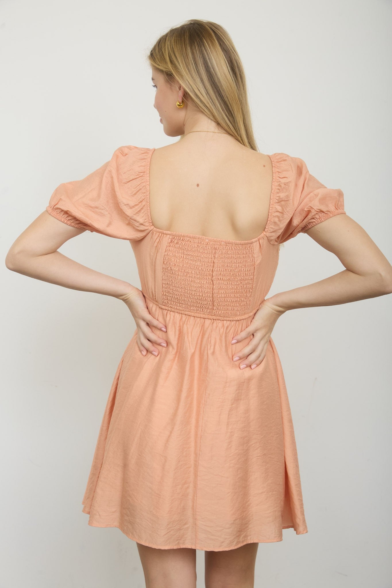 Pleated Bodice Short Puff Sleeve Mini Dress - Lt Apricot