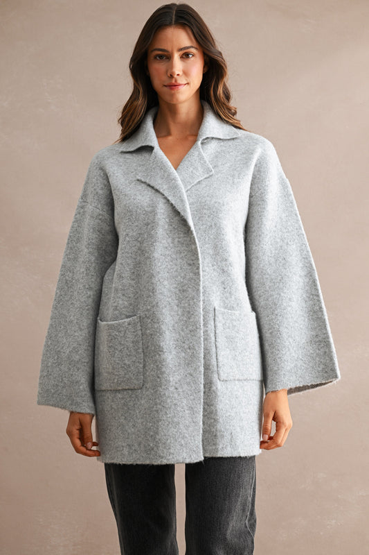 Longline Knit Notched Lapel Collar Open Front Cardigan