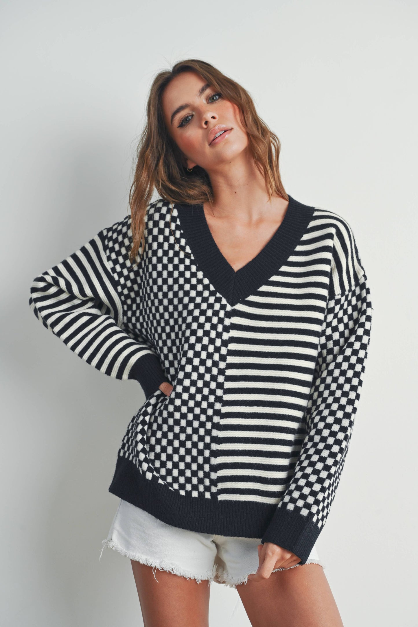 FRENCHY CHECKER PATTERN DROP SHOULDER SWEATER