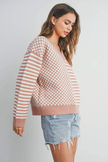 FRENCHY CHECKER PATTERN DROP SHOULDER SWEATER