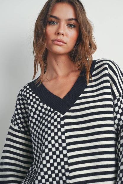 FRENCHY CHECKER PATTERN DROP SHOULDER SWEATER