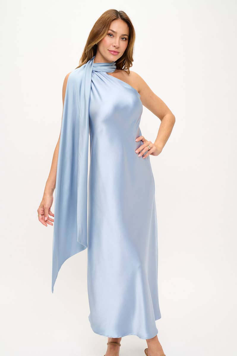 One Shoulder Satin Maxi Dress with Scarf Detail
