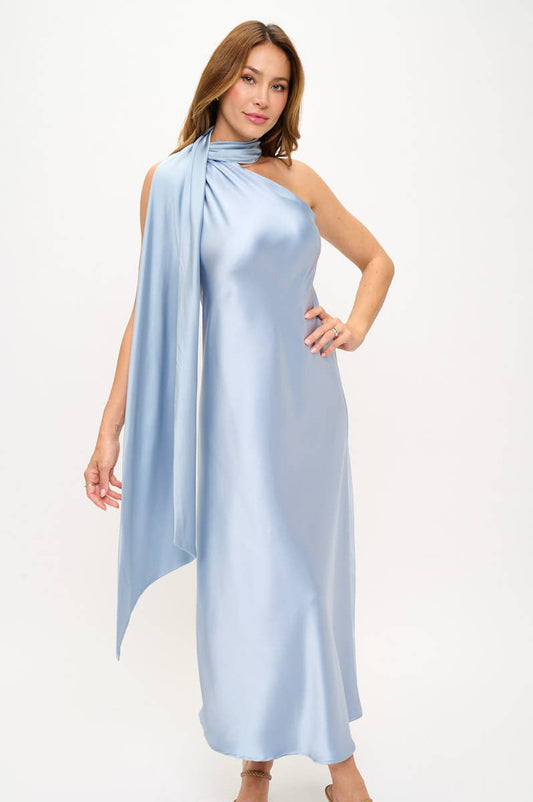 One Shoulder Satin Maxi Dress with Scarf Detail