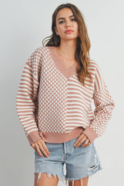 FRENCHY CHECKER PATTERN DROP SHOULDER SWEATER