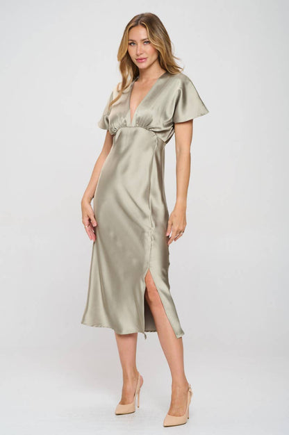 Renee C. - Made in USA Solid Satin V neck Midi Dress with Slit