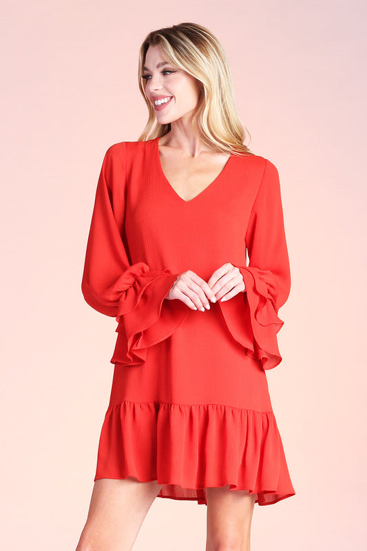 Crinkle Solid Dress with Ruffle Cuff in Chili Red