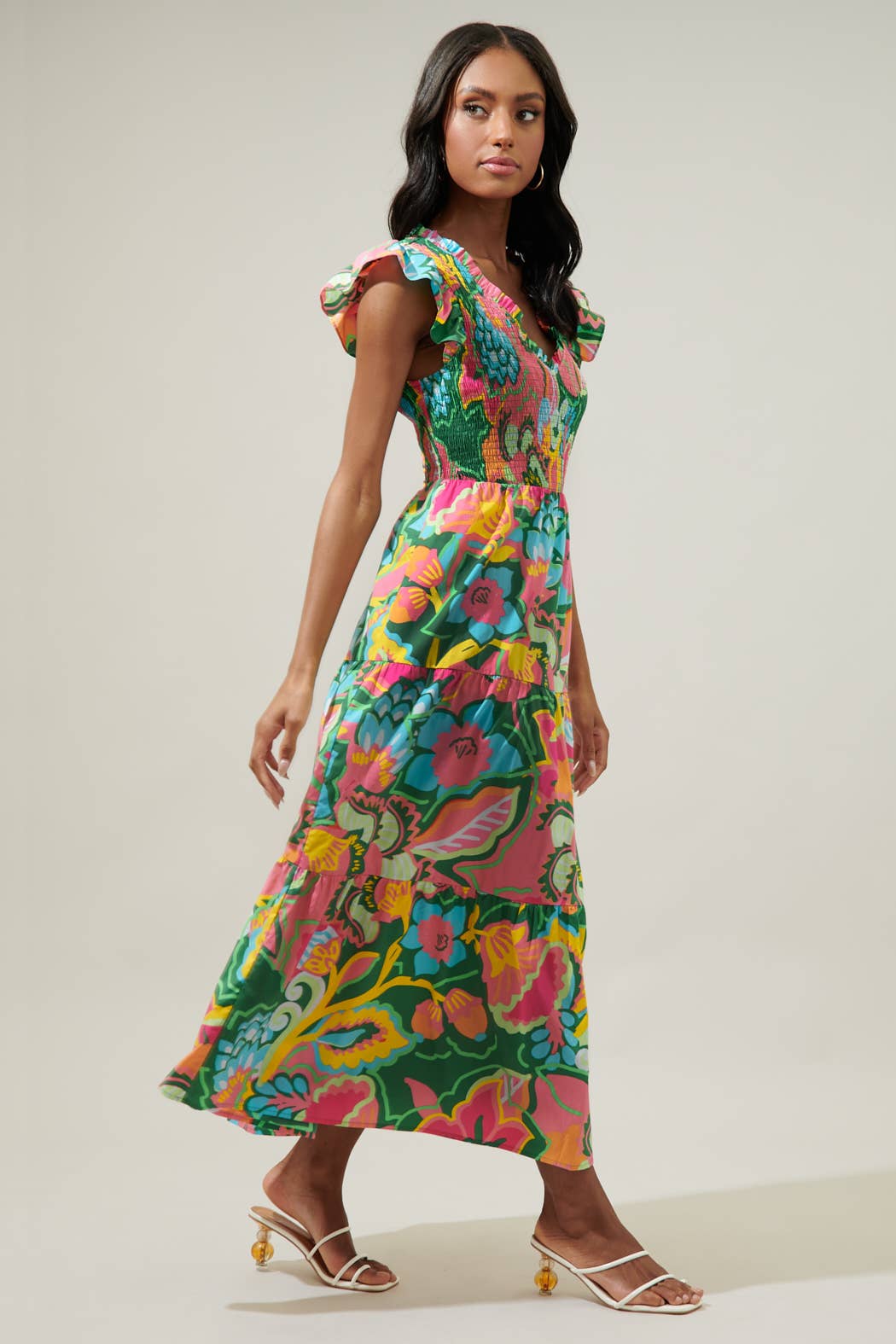 Sugarlips - Lanai Multi Tropics Sunfire Smocked Bodice Tiered Midi Dress