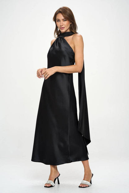 One Shoulder Satin Maxi Dress with Scarf Detail