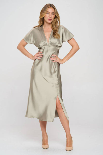 Renee C. - Made in USA Solid Satin V neck Midi Dress with Slit