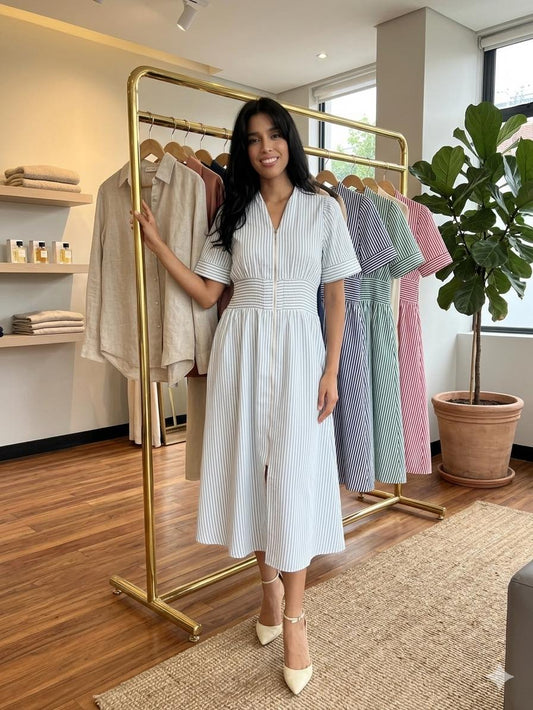 Seersucker Zip Dress Short Sleeve