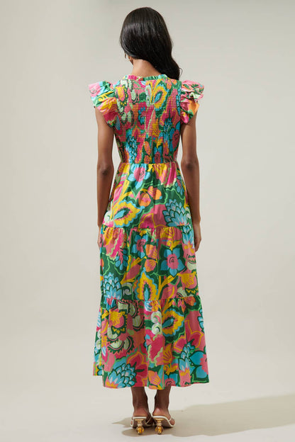 Sugarlips - Lanai Multi Tropics Sunfire Smocked Bodice Tiered Midi Dress