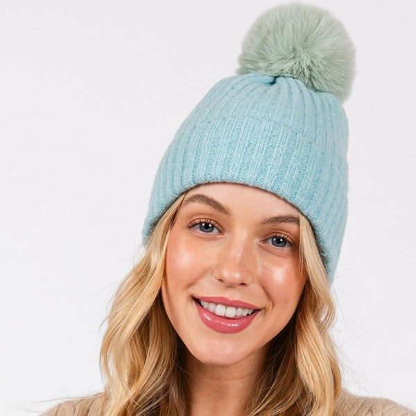 Cuffed Knit Beanie With Faux Fur Pom