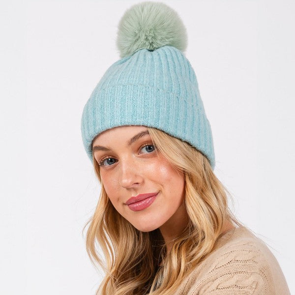 Cuffed Knit Beanie With Faux Fur Pom