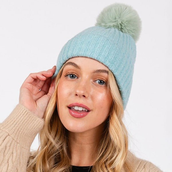 Cuffed Knit Beanie With Faux Fur Pom