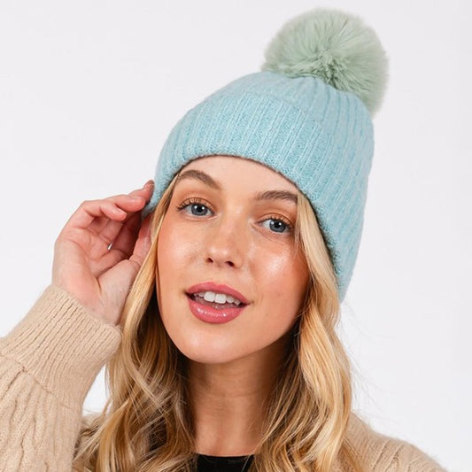 Cuffed Knit Beanie With Faux Fur Pom