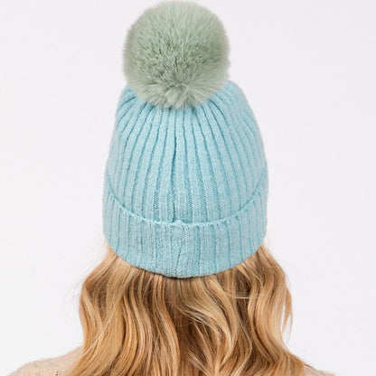 Cuffed Knit Beanie With Faux Fur Pom