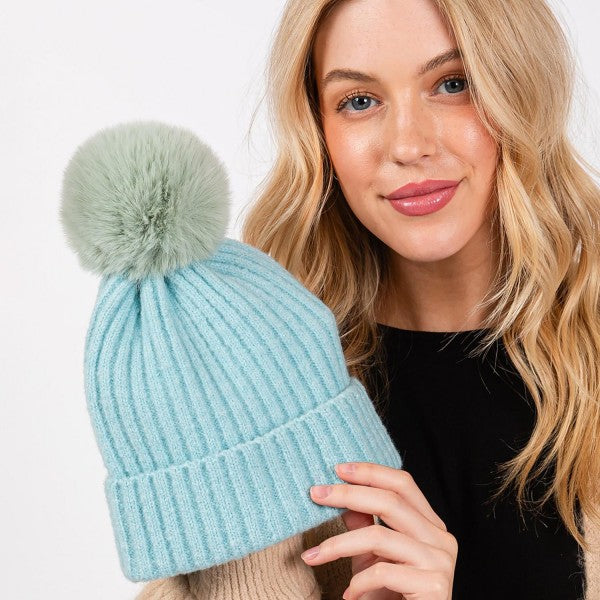 Cuffed Knit Beanie With Faux Fur Pom