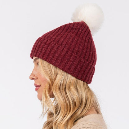 Cuffed Knit Beanie With Faux Fur Pom