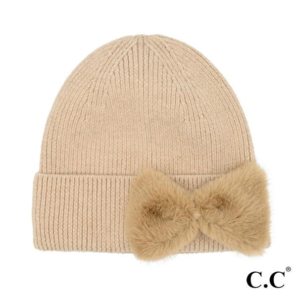 Faux Fur Beanie w/Bow - Camel