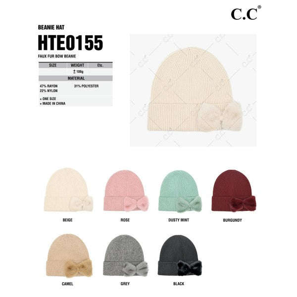 Faux Fur Beanie w/Bow - Camel