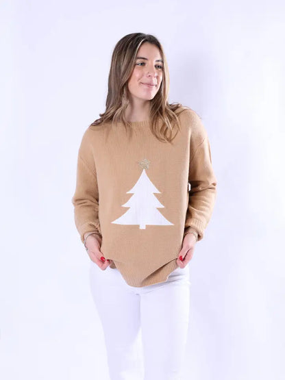 Camel Sweater with White Tree and Gold Star