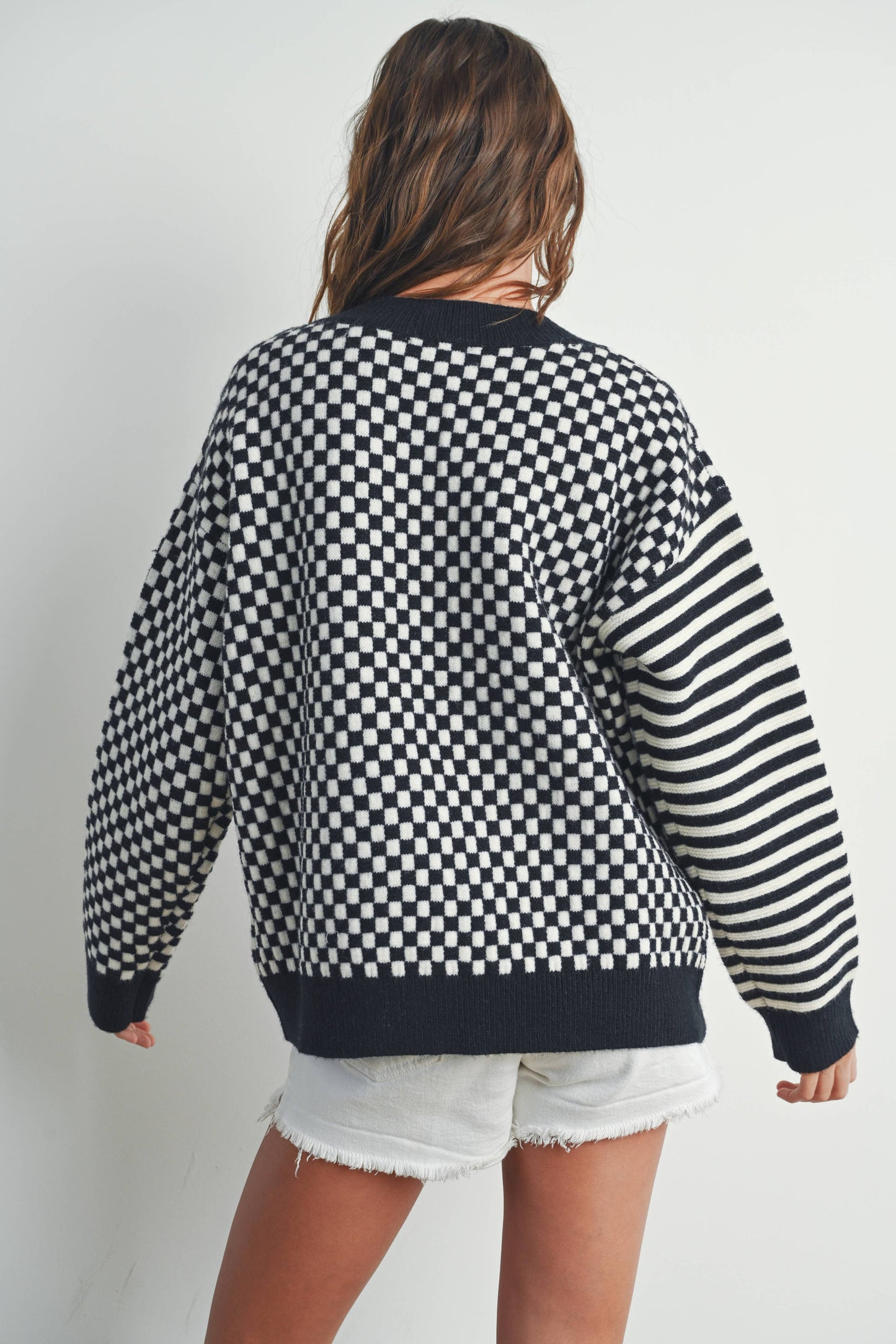 FRENCHY CHECKER PATTERN DROP SHOULDER SWEATER