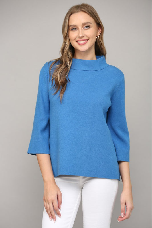 MOCK NECK PULL OVER SWEATER/BELL SLEEVE  French Blue