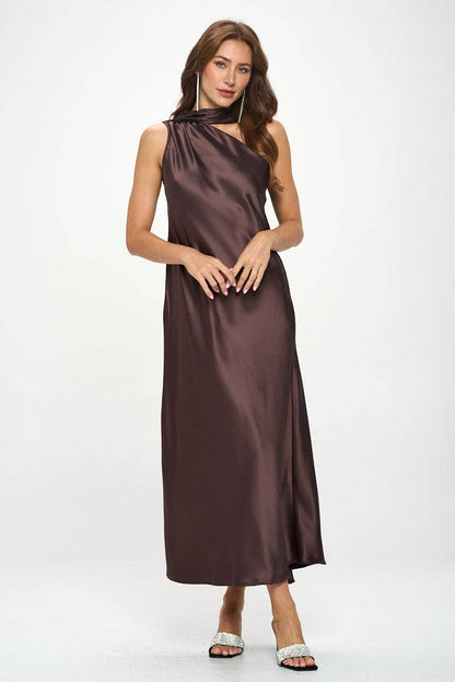 One Shoulder Satin Maxi Dress with Scarf Detail