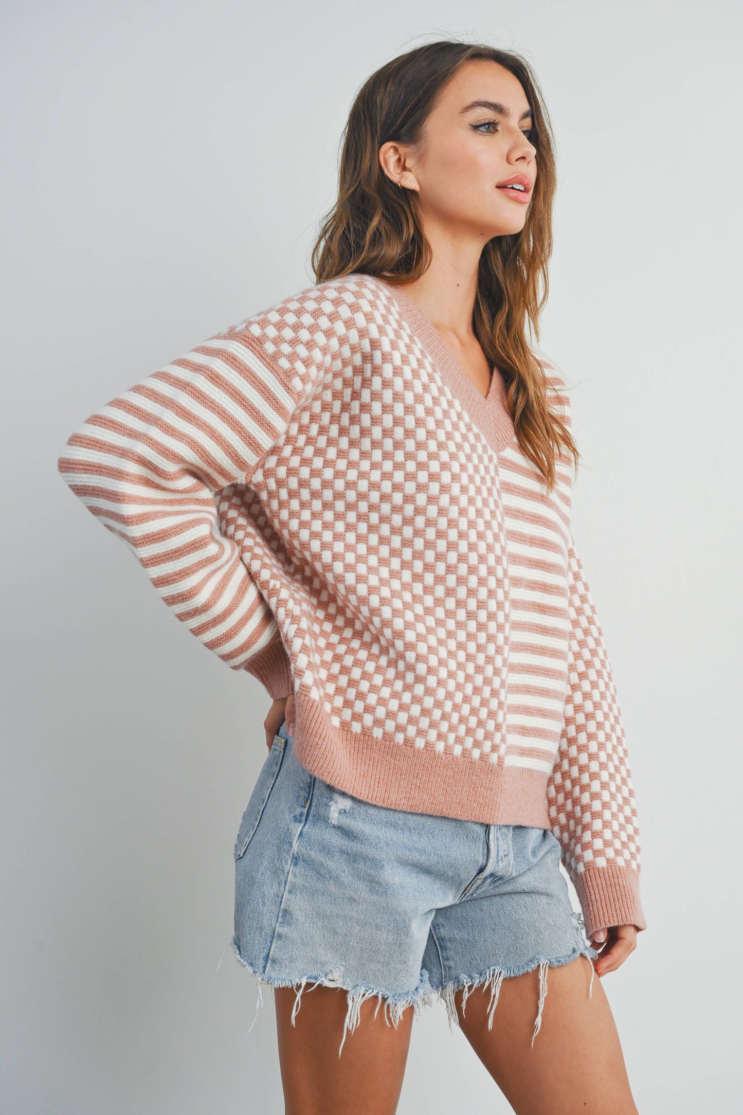 FRENCHY CHECKER PATTERN DROP SHOULDER SWEATER