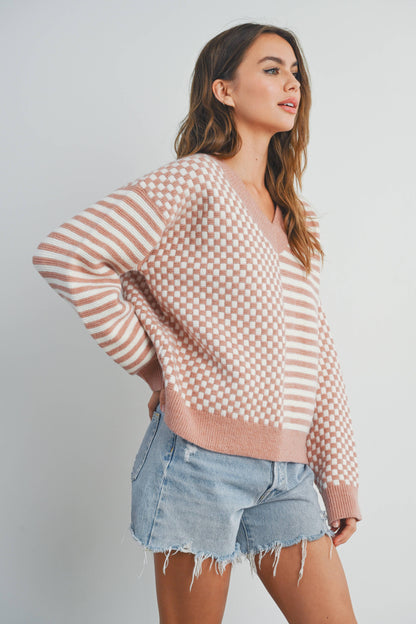 FRENCHY CHECKER PATTERN DROP SHOULDER SWEATER