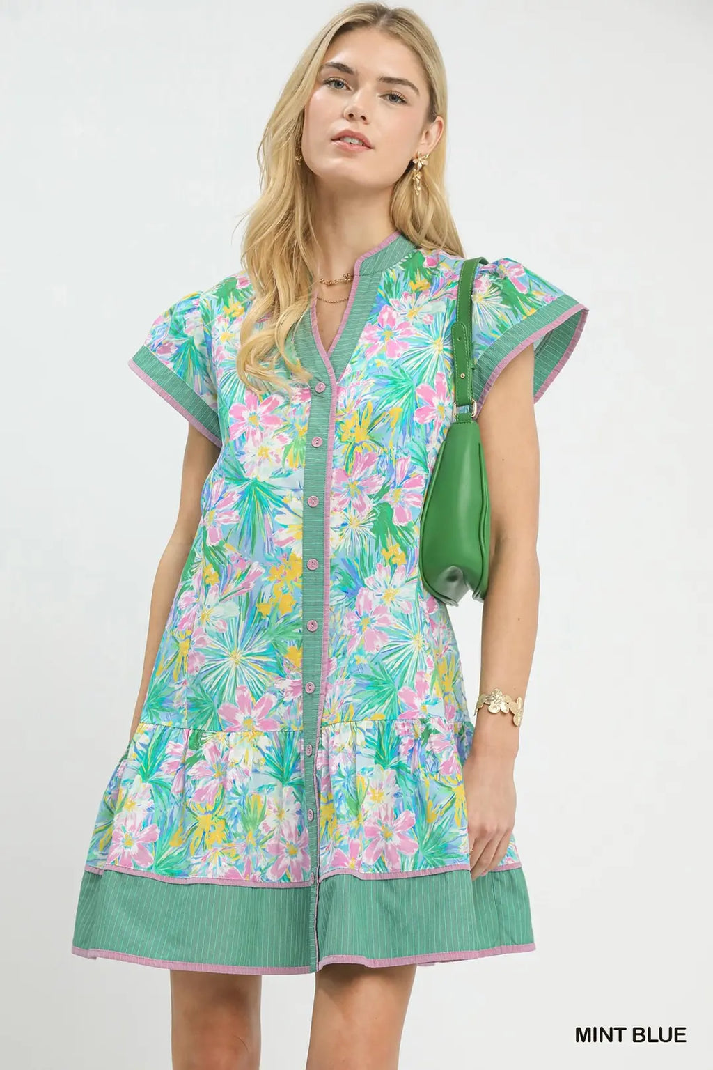 Tropical Floral Button Front Tiered Dress