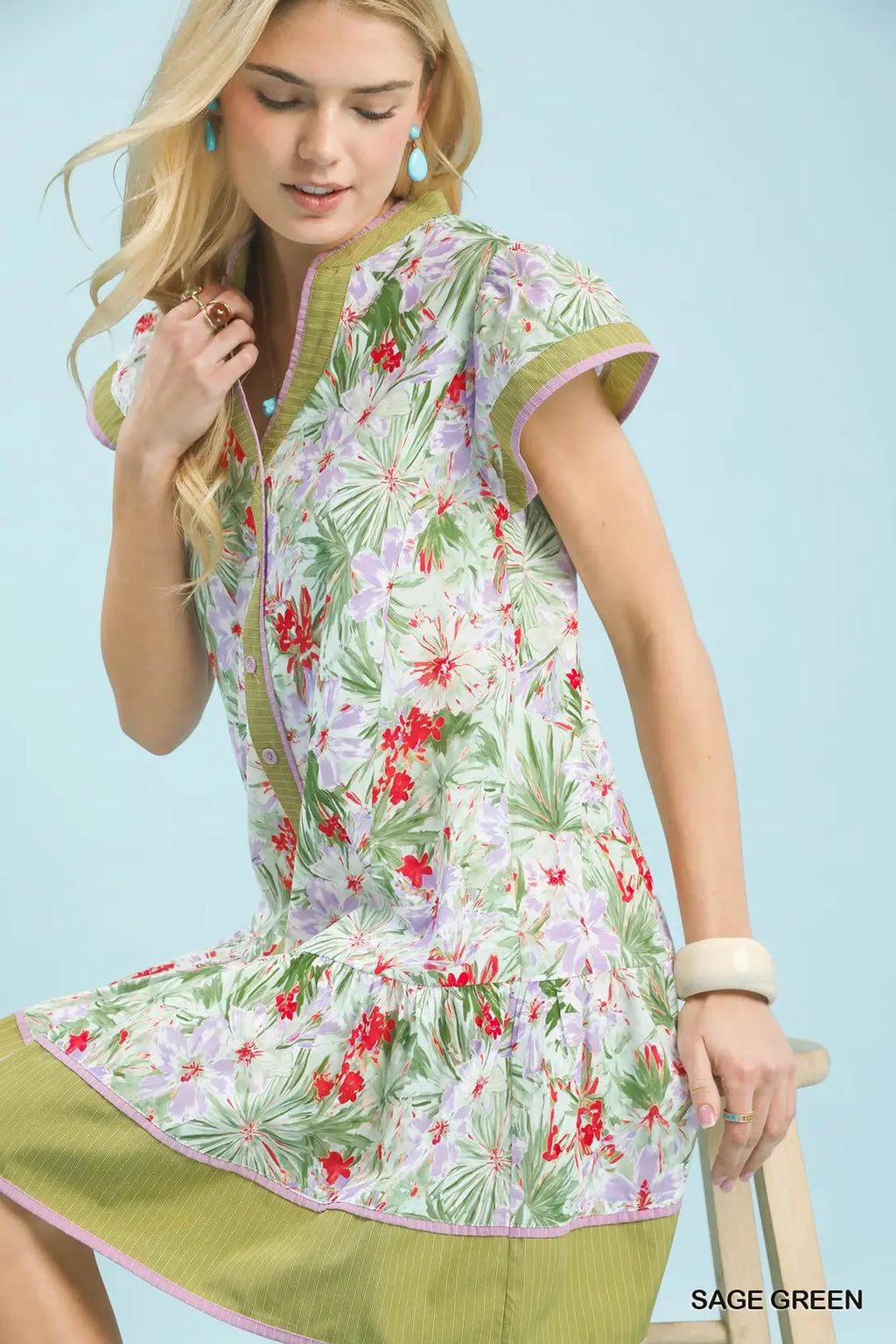 Tropical Floral Button Front Tiered Dress