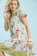 Tropical Floral Button Front Tiered Dress