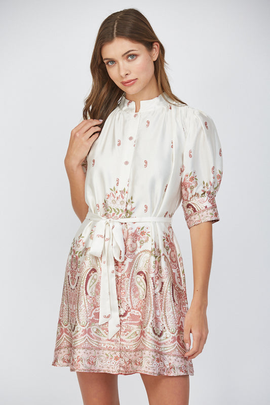 Border Print Satin Self Waist Tie Button Front Dress