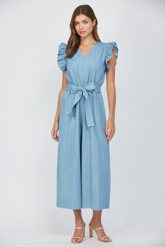 Denim Ruffled Neck Jumpsuit