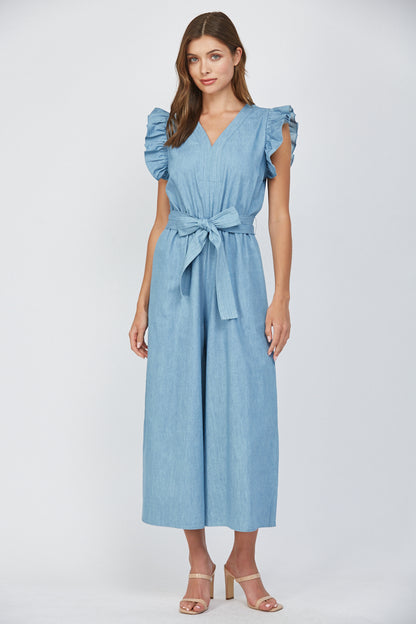 Denim Ruffled Neck Jumpsuit