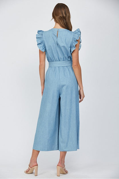 Denim Ruffled Neck Jumpsuit