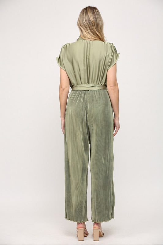 Pleated Bottom Lapel Collar Jumpsuit