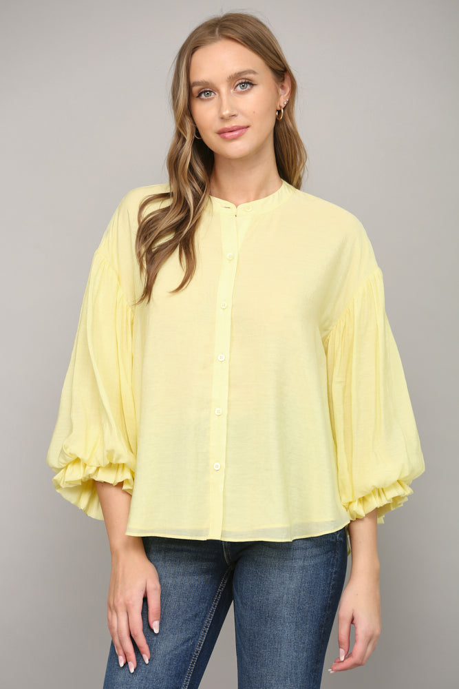 Fun Puff Sleeve Button Down Shirt - Yellow