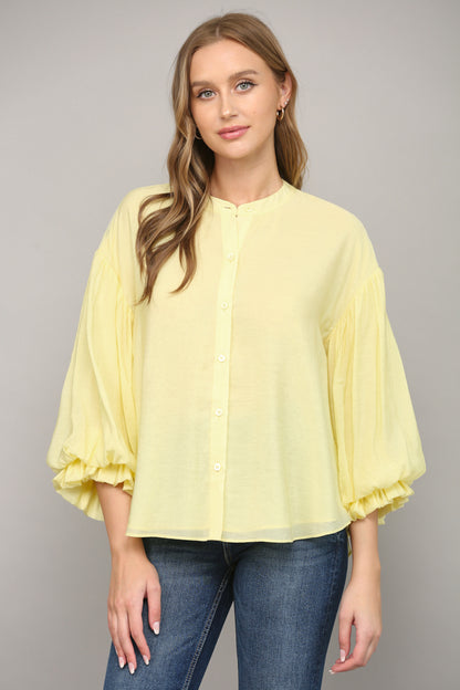 Fun Puff Sleeve Button Down Shirt - Yellow