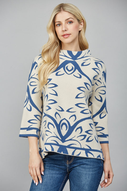 Floral & Leaves Pattern Jacquard Knit Mock Neck Sweater