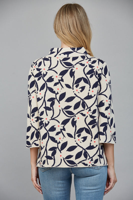Floral & Leaves Pattern Jacquard Knit Mock Neck Sweater