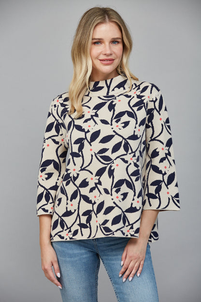 Floral & Leaves Pattern Jacquard Knit Mock Neck Sweater