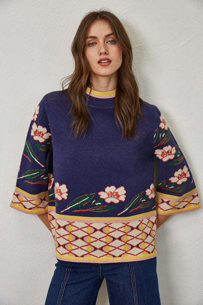 Patterned Jacquard Knit Mock Neck Sweater