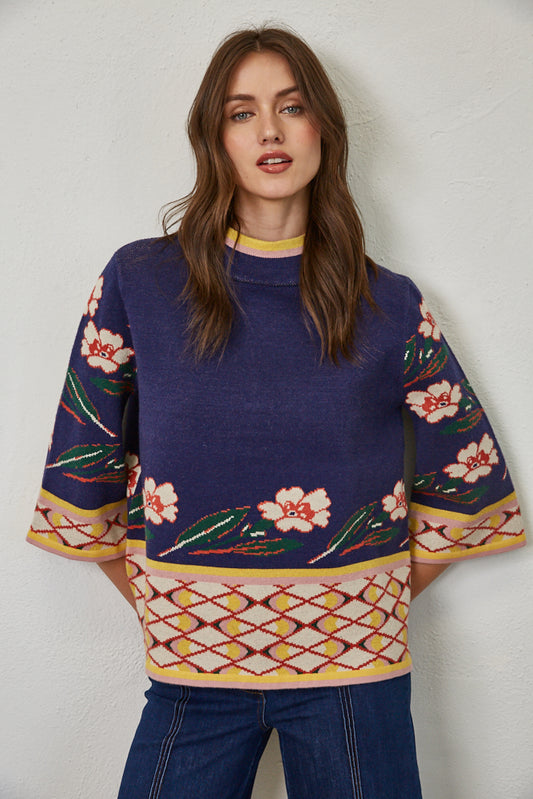 Patterned Jacquard Knit Mock Neck Sweater