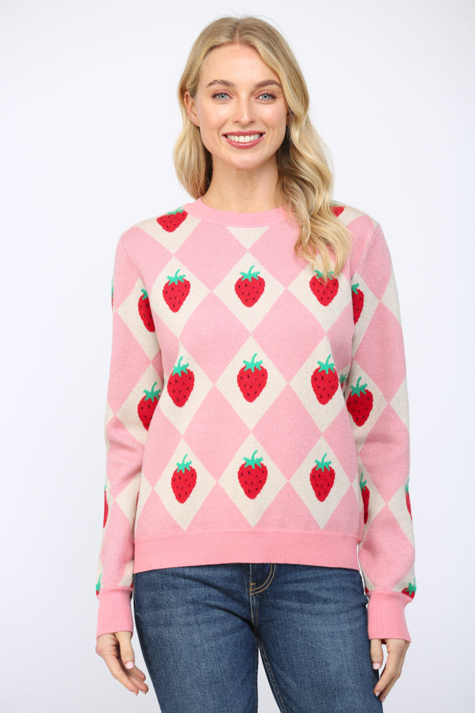 Strawberry And Diamond Grid Pattern Crew Neck Sweater