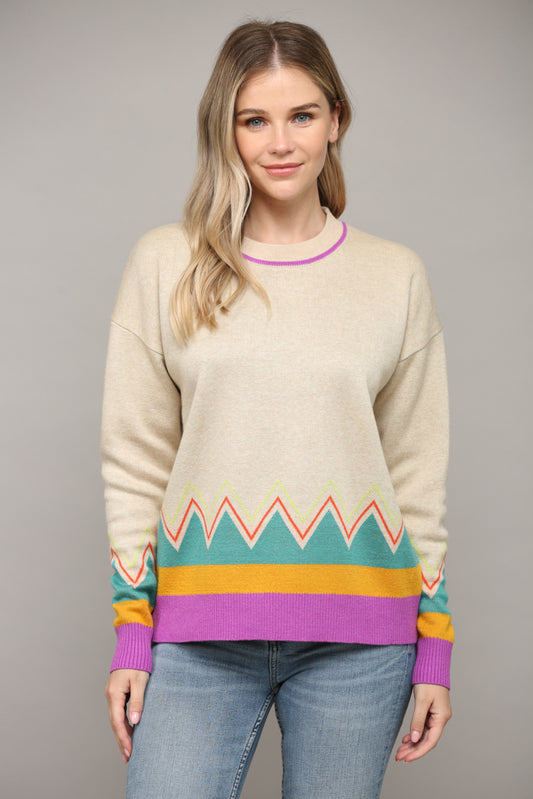 ZigZag and Stripe Detail Crew Neck Sweater
