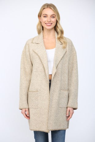 Diagonal Stripe Pattern Knit Open-front Coat